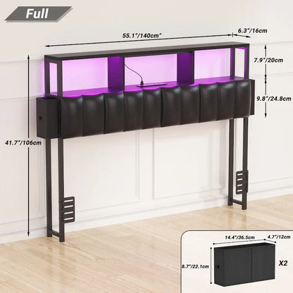 Upholstered Headboard with Hidden Drawer, Head Board with Power Outlet and LED Light
