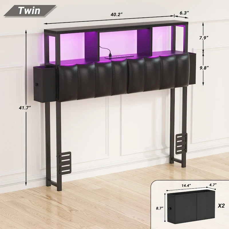 Upholstered Headboard with Hidden Drawer, Head Board with Power Outlet and LED Light