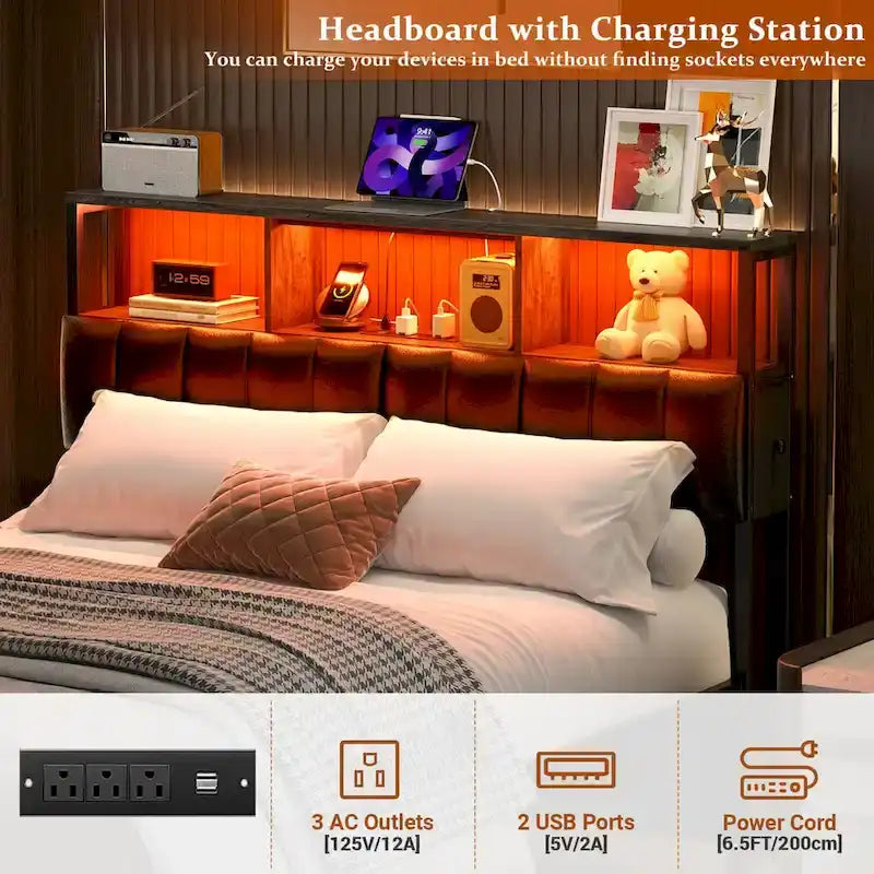 Upholstered Headboard with Hidden Drawer, Head Board with Power Outlet and LED Light