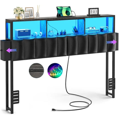 Upholstered Headboard with Hidden Drawer, Head Board with Power Outlet and LED Light
