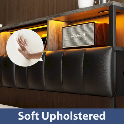 Upholstered Headboard with Hidden Drawer, Head Board with Power Outlet and LED Light