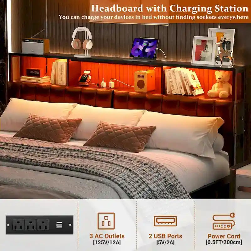 Upholstered Headboard with Hidden Drawer, Head Board with Power Outlet and LED Light