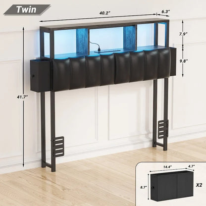 Upholstered Headboard with Hidden Drawer, Head Board with Power Outlet and LED Light