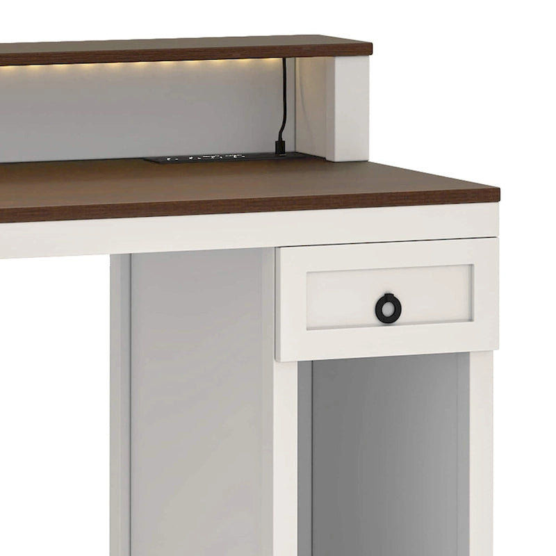 Moasis Farmhouse Wood Office Desk with Drawer and LED Strip & Power Outlets
