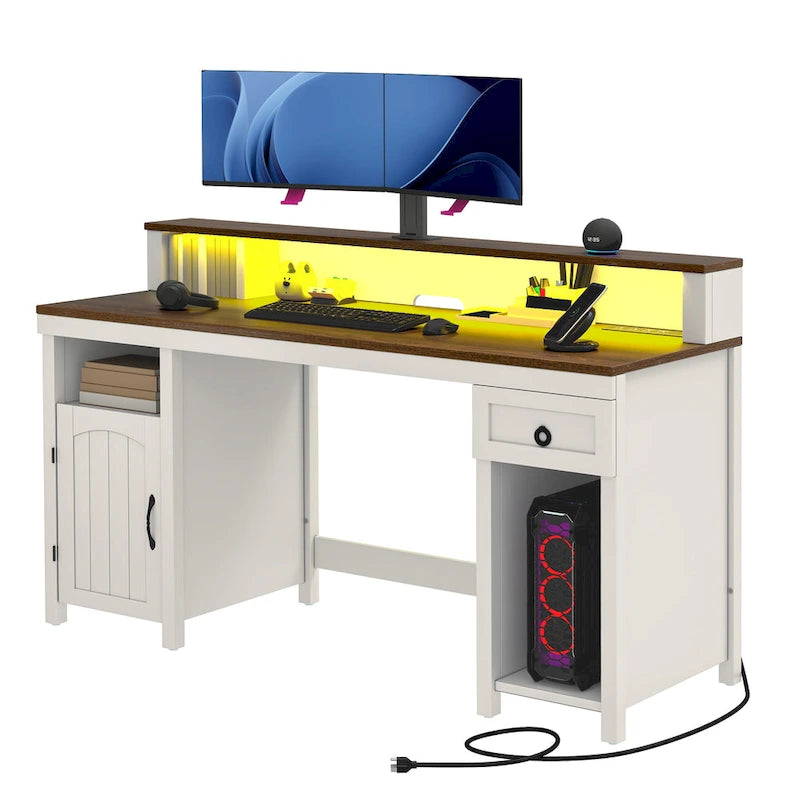 Moasis Farmhouse Wood Office Desk with Drawer and LED Strip & Power Outlets