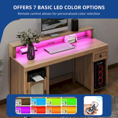 Moasis Farmhouse Wood Office Desk with Drawer and LED Strip & Power Outlets