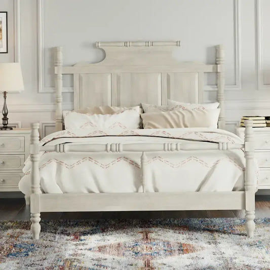 Vintage Country Style Wood Queen Size Four Poster Platform Bed with 56.9 High Crown-like Headboard, No Box Spring Needed
