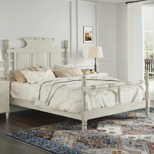 Vintage Country Style Wood Queen Size Four Poster Platform Bed with 56.9 High Crown-like Headboard, No Box Spring Needed