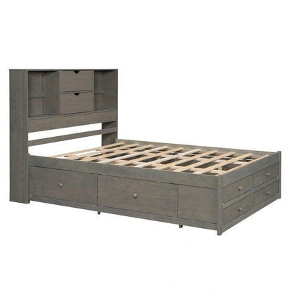 Queen Size Platform Bed with Storage Headboard and 8 Drawers, Gray