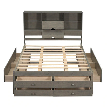 Queen Size Platform Bed with Storage Headboard and 8 Drawers, Gray