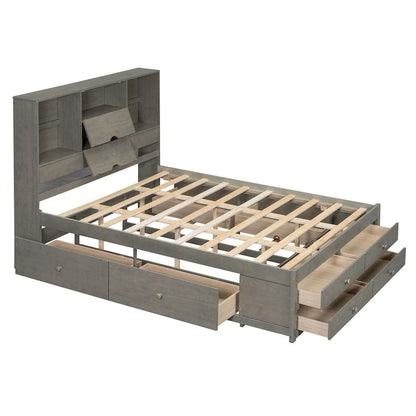 Queen Size Platform Bed with Storage Headboard and 8 Drawers, Gray