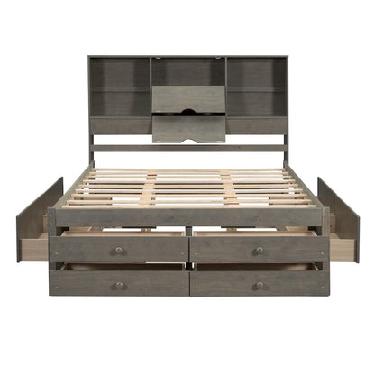 Queen Size Platform Bed with Storage Headboard and 8 Drawers, Gray