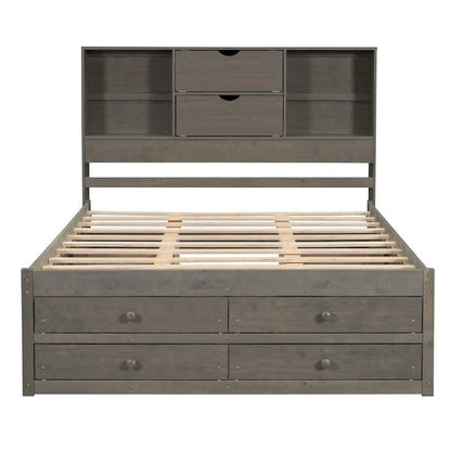 Queen Size Platform Bed with Storage Headboard and 8 Drawers, Gray