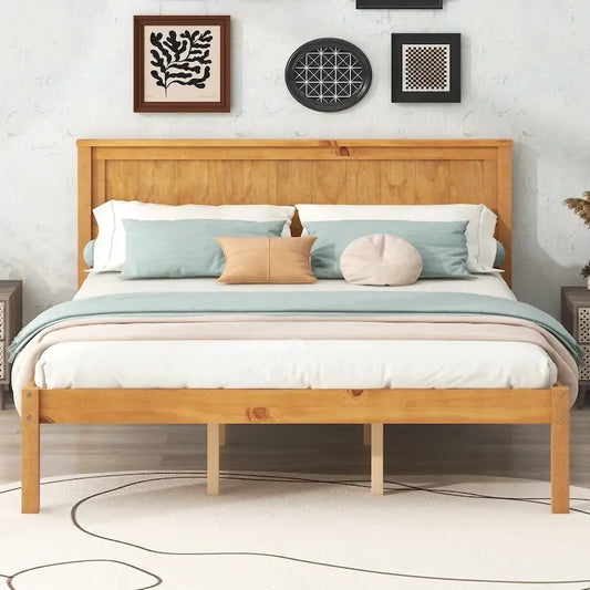 Espresso Queen Size Pine Wooden Platform Bed with Headboard and Wood Slat Support for Bedroom