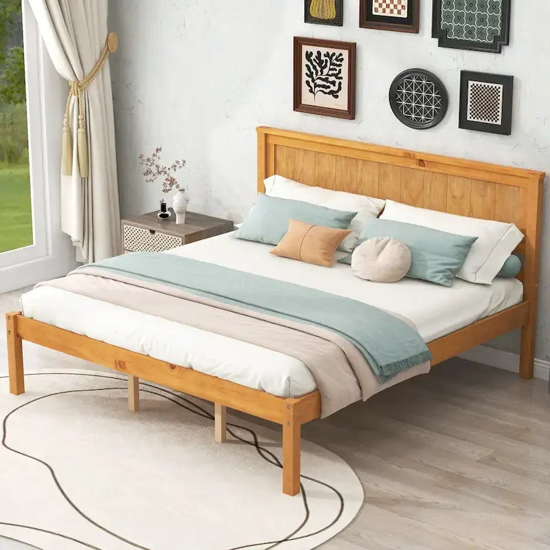 Espresso Queen Size Pine Wooden Platform Bed with Headboard and Wood Slat Support for Bedroom