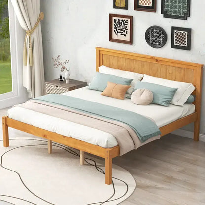 Espresso Queen Size Pine Wooden Platform Bed with Headboard and Wood Slat Support for Bedroom