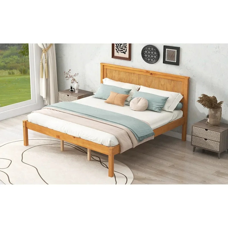 Espresso Queen Size Pine Wooden Platform Bed with Headboard and Wood Slat Support for Bedroom