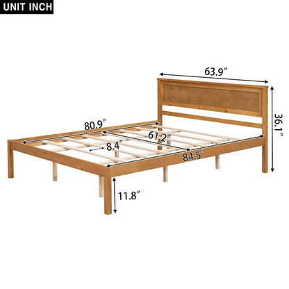 Espresso Queen Size Pine Wooden Platform Bed with Headboard and Wood Slat Support for Bedroom