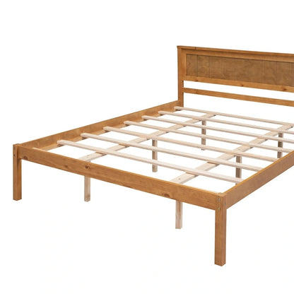 Espresso Queen Size Pine Wooden Platform Bed with Headboard and Wood Slat Support for Bedroom