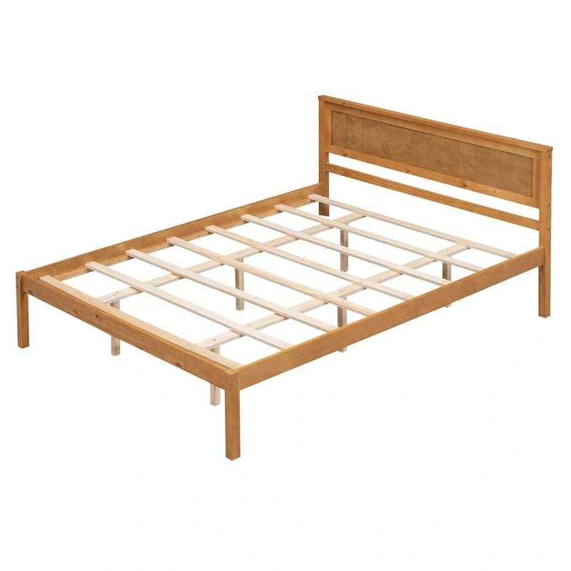 Espresso Queen Size Pine Wooden Platform Bed with Headboard and Wood Slat Support for Bedroom
