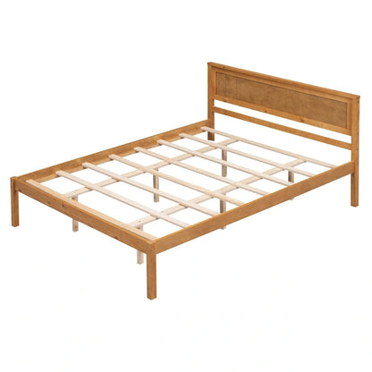 Espresso Queen Size Pine Wooden Platform Bed with Headboard and Wood Slat Support for Bedroom