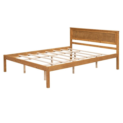 Espresso Queen Size Pine Wooden Platform Bed with Headboard and Wood Slat Support for Bedroom