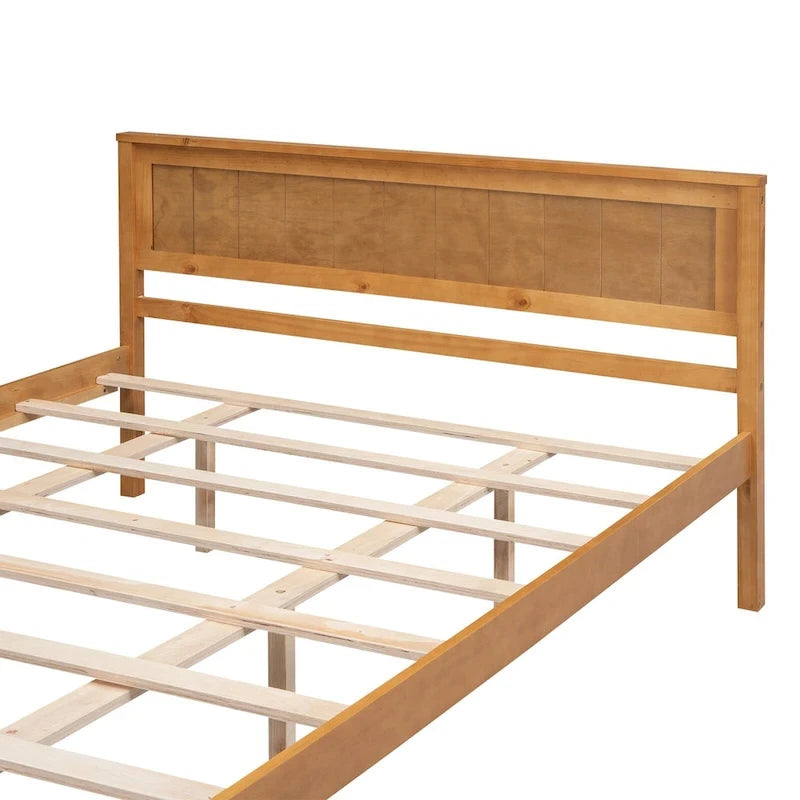 Espresso Queen Size Pine Wooden Platform Bed with Headboard and Wood Slat Support for Bedroom