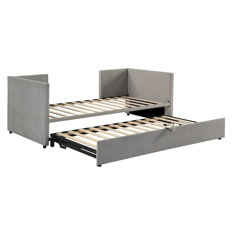 Grey Upholstered Twin Size Daybed with Pop Up Trundle, Multi-Functional Design
