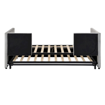 Grey Upholstered Twin Size Daybed with Pop Up Trundle, Multi-Functional Design