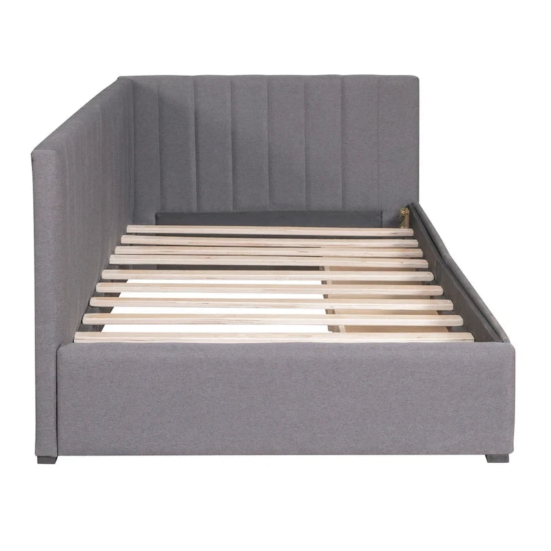 Grey Linen Upholstered Daybed with 2 Storage Drawers, Twin Size Sofa Bed Frame, No Box Spring Needed