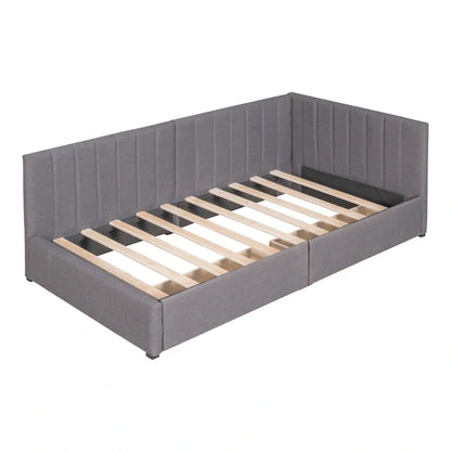 Grey Linen Upholstered Daybed with 2 Storage Drawers, Twin Size Sofa Bed Frame, No Box Spring Needed