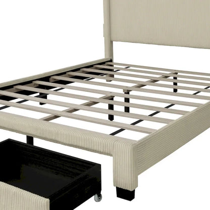 Beige Queen Platform Bed in Corduroy Velvet Upholstered Finish with Wingback Headboard and Footboard Storage