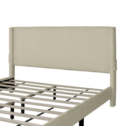 Beige Queen Platform Bed in Corduroy Velvet Upholstered Finish with Wingback Headboard and Footboard Storage