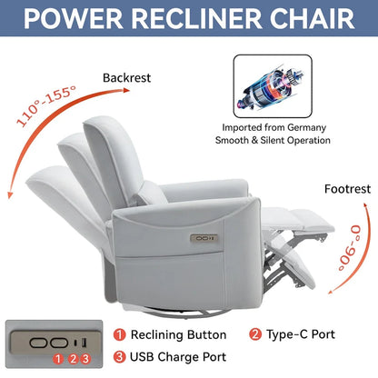 Brown Ergonomic Power Recliner with 270 Swivel, USB & Type-C Charging Ports, and Lumbar Support