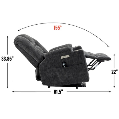 Grey Spacious Power Lift Recliner with Massage, Heat, Dual USB Ports, Type C Charging, and Cup Holders
