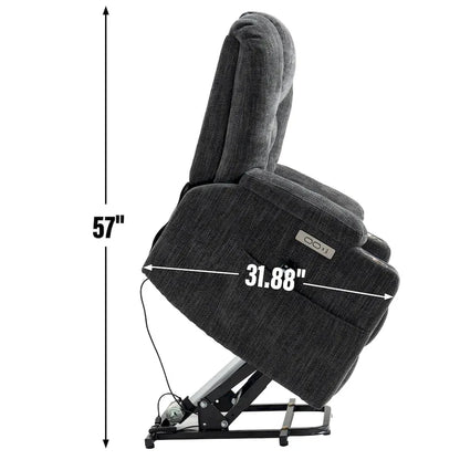 Grey Spacious Power Lift Recliner with Massage, Heat, Dual USB Ports, Type C Charging, and Cup Holders