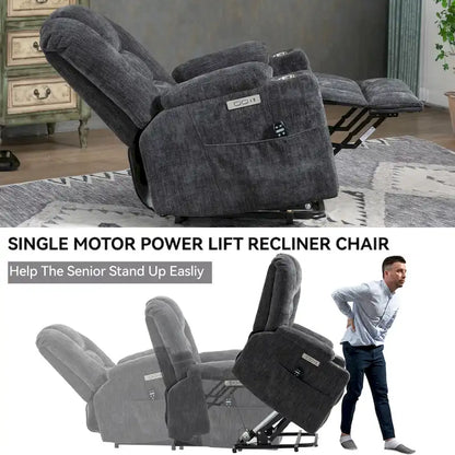 Grey Spacious Power Lift Recliner with Massage, Heat, Dual USB Ports, Type C Charging, and Cup Holders