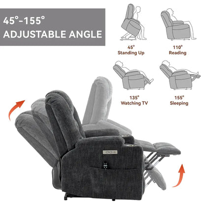 Grey Spacious Power Lift Recliner with Massage, Heat, Dual USB Ports, Type C Charging, and Cup Holders