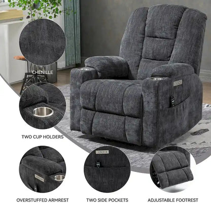 Grey Spacious Power Lift Recliner with Massage, Heat, Dual USB Ports, Type C Charging, and Cup Holders