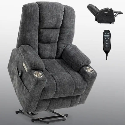 Grey Spacious Power Lift Recliner with Massage, Heat, Dual USB Ports, Type C Charging, and Cup Holders
