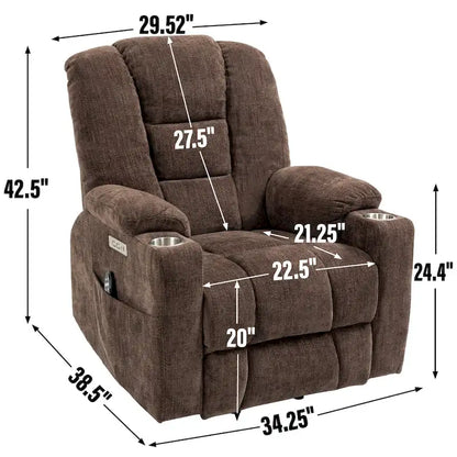 Grey Spacious Power Lift Recliner with Massage, Heat, Dual USB Ports, Type C Charging, and Cup Holders
