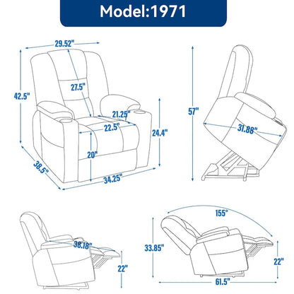 Grey Spacious Power Lift Recliner with Massage, Heat, Dual USB Ports, Type C Charging, and Cup Holders