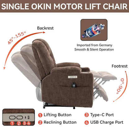 Grey Spacious Power Lift Recliner with Massage, Heat, Dual USB Ports, Type C Charging, and Cup Holders