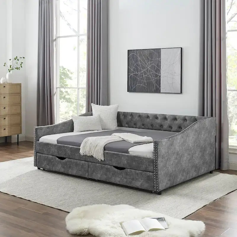 Full Size Linen Upholstered Daybed Frame with 2 Drawers & Tufted Backrest