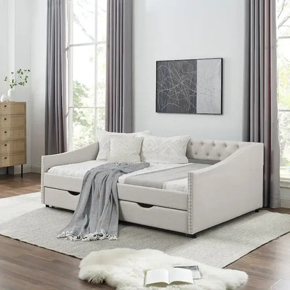 Full Size Linen Upholstered Daybed Frame with 2 Drawers & Tufted Backrest