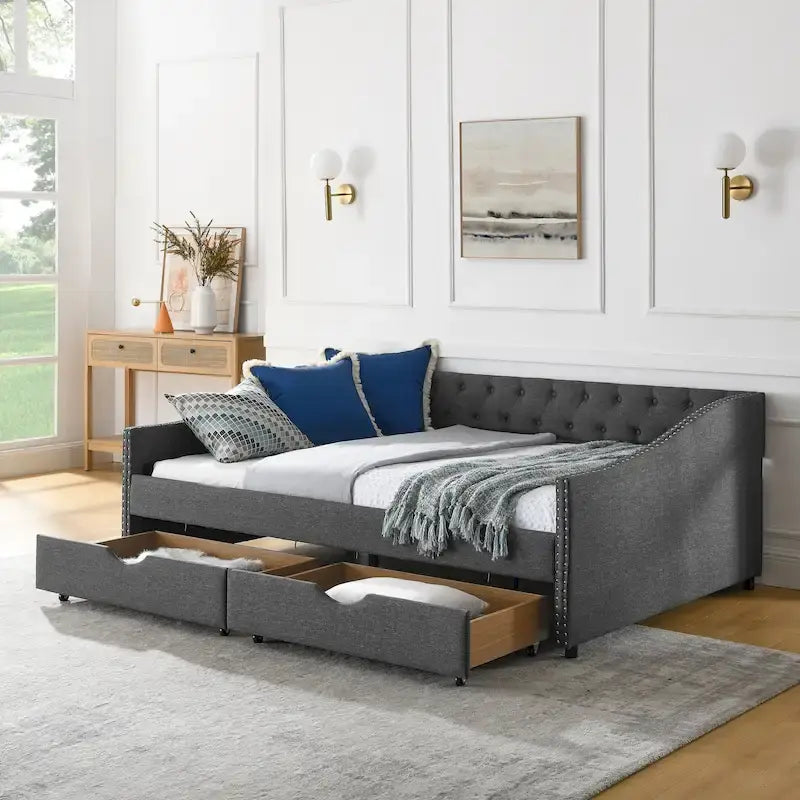 Full Size Linen Upholstered Daybed Frame with 2 Drawers & Tufted Backrest