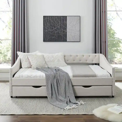 Full Size Linen Upholstered Daybed Frame with 2 Drawers & Tufted Backrest