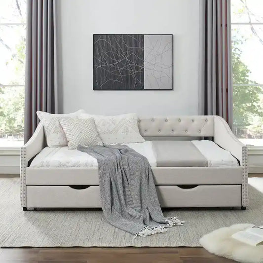 Full Size Linen Upholstered Daybed Frame with 2 Drawers & Tufted Backrest