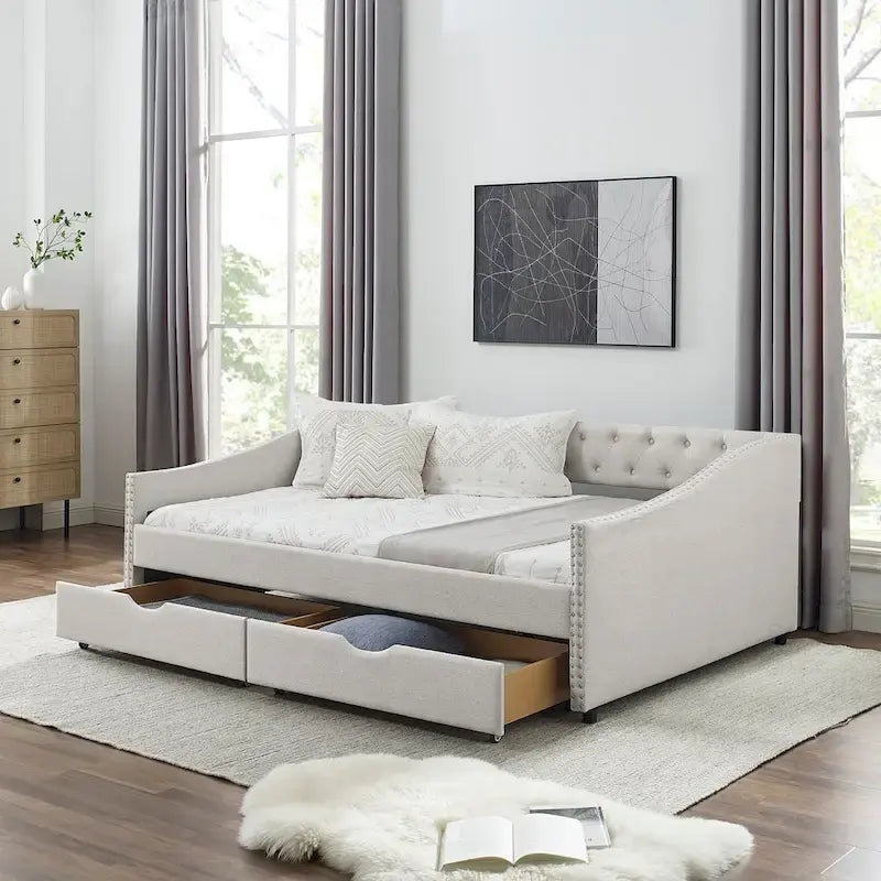Full Size Linen Upholstered Daybed Frame with 2 Drawers & Tufted Backrest