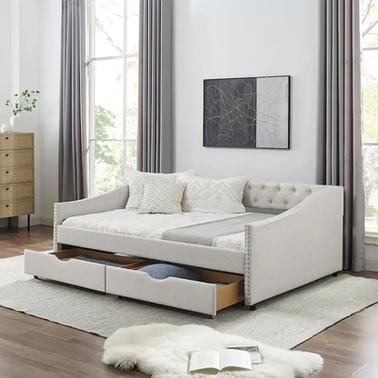 Full Size Linen Upholstered Daybed Frame with 2 Drawers & Tufted Backrest